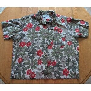 Columbia Shirt Mens XL Cream/Green Floral Camp Hawaiian Tropical Linen Blend Vtg